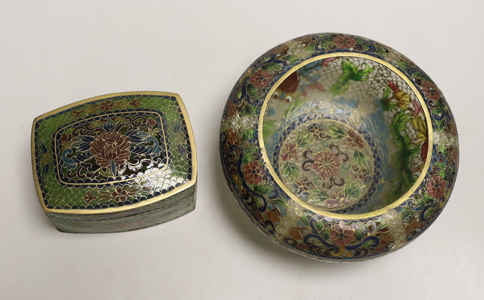 A Chinese plique à jour enamel bowl, 7cm tall, and a similar box and cover